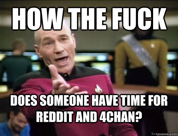How the fuck does someone have time for reddit and 4Chan?  Annoyed Picard HD