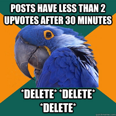 Posts have Less than 2 upvotes after 30 minutes *delete* *delete* *delete*  Paranoid Parrot