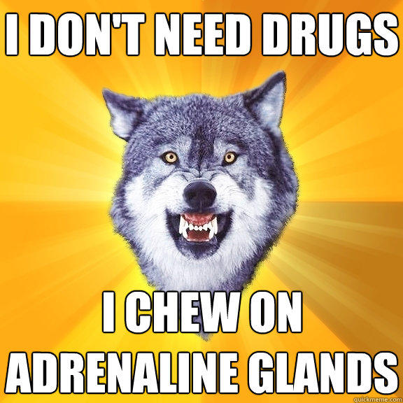 i don't need drugs i chew on adrenaline glands  Courage Wolf