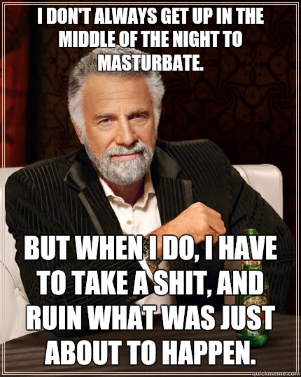 I don't always get up in the middle of the night to masturbate. but when I do, I have to take a shit, and ruin what was just about to happen.  - I don't always get up in the middle of the night to masturbate. but when I do, I have to take a shit, and ruin what was just about to happen.   The Most Interesting Man In The World