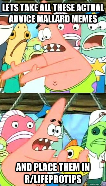 Lets take all these Actual Advice Mallard memes and place them in r/lifeprotips  Push it somewhere else Patrick
