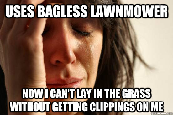 uses bagless lawnmower now i can't lay in the grass without getting clippings on me  First World Problems