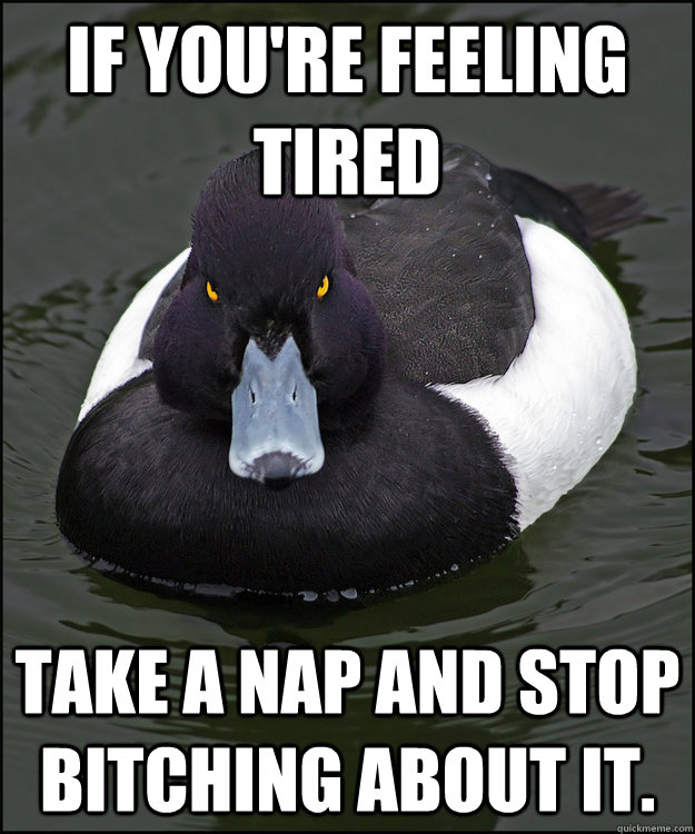 If you're feeling tired Take a nap and stop bitching about it.   Angry Advice Duck
