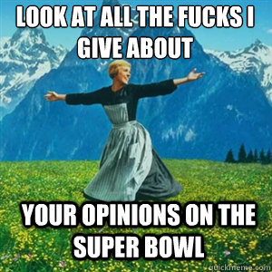 Look at all the fucks i give about your opinions on the super bowl - Look at all the fucks i give about your opinions on the super bowl  And look at all the fucks I give