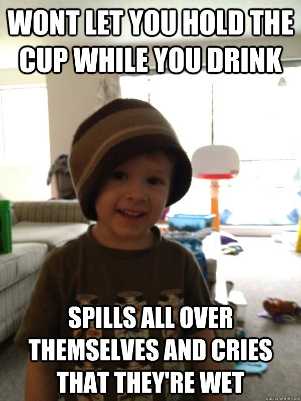 Wont let you hold the cup while you drink spills all over themselves and cries that they're wet  