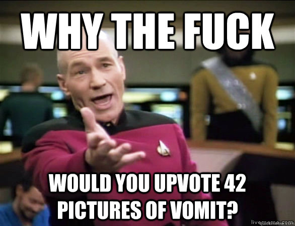 why the fuck would you upvote 42 pictures of vomit?  Annoyed Picard HD