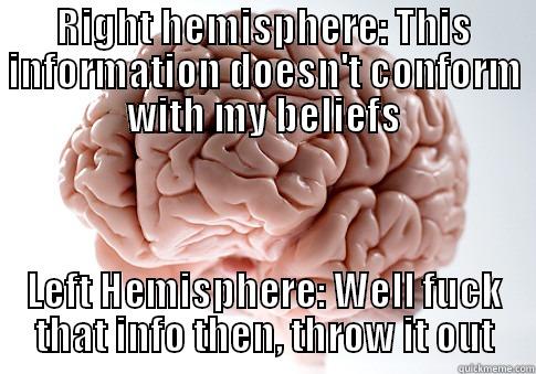 RIGHT HEMISPHERE: THIS INFORMATION DOESN'T CONFORM WITH MY BELIEFS LEFT HEMISPHERE: WELL FUCK THAT INFO THEN, THROW IT OUT Scumbag Brain