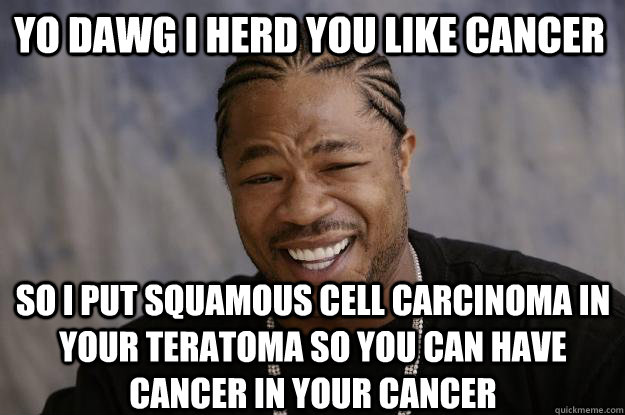 yo dawg i herd you like cancer so i put squamous cell carcinoma in your teratoma so you can have cancer in your cancer  Xzibit meme