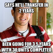 says he'll transfer in 2 years been going for 3.5 years with 30 units completed  Community College Freshman