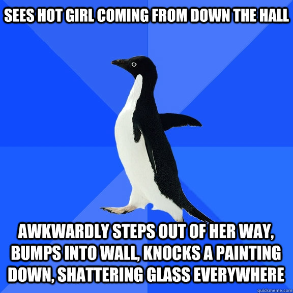 sees hot girl coming from down the hall awkwardly steps out of her way, bumps into wall, knocks a painting down, shattering glass everywhere    Socially Awkward Penguin