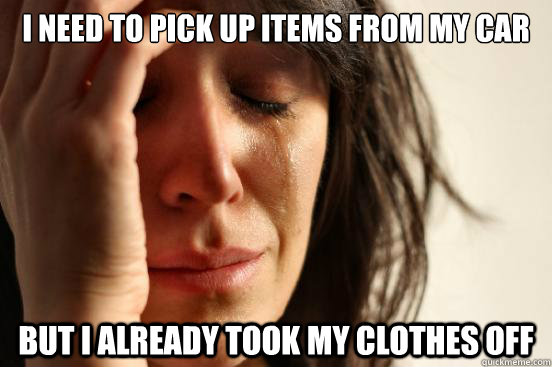 I need to pick up items from my car but I already took my clothes off  First World Problems