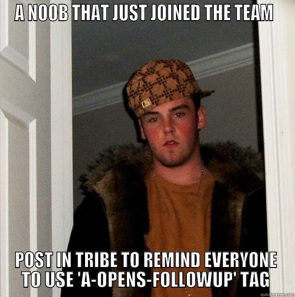 A NOOB THAT JUST JOINED THE TEAM  POST IN TRIBE TO REMIND EVERYONE TO USE 'A-OPENS-FOLLOWUP' TAG Scumbag Steve