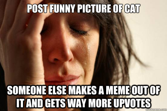 Post funny picture of cat Someone else makes a meme out of it and gets way more upvotes  First World Problems