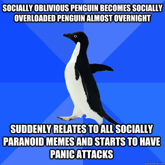 socially oblivious penguin becomes socially overloaded penguin almost overnight suddenly relates to all socially paranoid memes and starts to have panic attacks    Socially Awkward Penguin