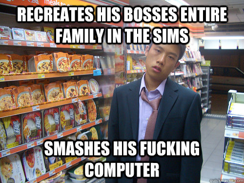 Recreates his bosses entire family in the sims Smashes his fucking computer  Disenchanted Young Professional