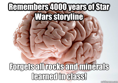 Remembers 4000 years of Star Wars storyline Forgets all rocks and minerals learned in class!
  Scumbag Brain