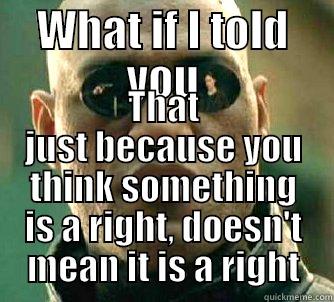 WHAT IF I TOLD YOU THAT JUST BECAUSE YOU THINK SOMETHING IS A RIGHT, DOESN'T MEAN IT IS A RIGHT Matrix Morpheus