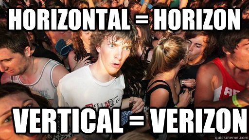 Horizontal = Horizon Vertical = Verizon  Sudden Clarity Clarence