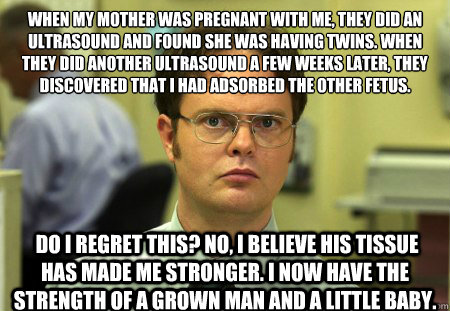 When my mother was pregnant with me, they did an ultrasound and found she was having twins. When they did another ultrasound a few weeks later, they discovered that I had adsorbed the other fetus.
  Do I regret this? No, I believe his tissue has made me s  Dwight