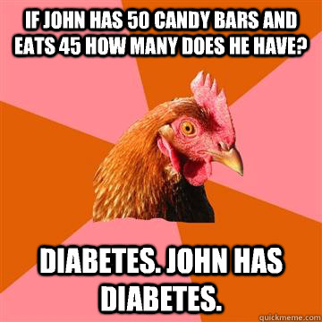 If john has 50 candy bars and eats 45 how many does he have? Diabetes. john has diabetes.  Anti-Joke Chicken