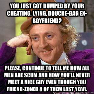 You just got dumped by your cheating, lying, douche-bag ex-Boyfriend? Please, continue to tell me how all men are scum and how you'll never meet a nice guy even though you friend-zoned 8 of them last year.  - You just got dumped by your cheating, lying, douche-bag ex-Boyfriend? Please, continue to tell me how all men are scum and how you'll never meet a nice guy even though you friend-zoned 8 of them last year.   Condescending Wonka