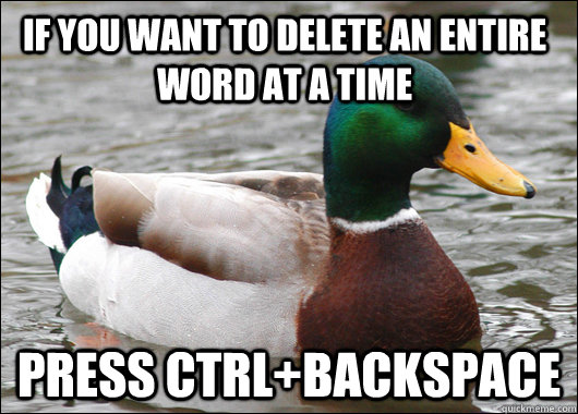 if you want to delete an entire word at a time press ctrl+backspace  Actual Advice Mallard