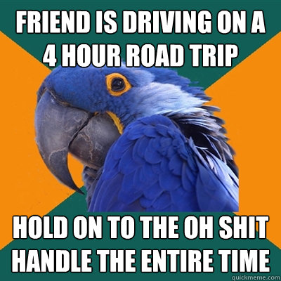 friend is driving on a 4 hour road trip hold on to the oh shit handle the entire time  Paranoid Parrot