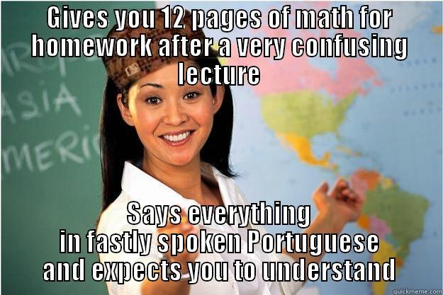 GIVES YOU 12 PAGES OF MATH FOR HOMEWORK AFTER A VERY CONFUSING LECTURE SAYS EVERYTHING IN FASTLY SPOKEN PORTUGUESE AND EXPECTS YOU TO UNDERSTAND Scumbag Teacher