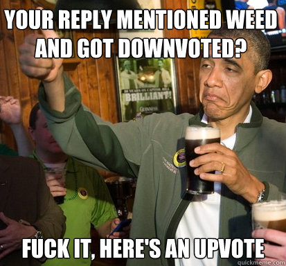 Your reply mentioned weed and got downvoted? fuck it, here's an upvote  Upvote Obama