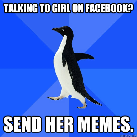 Talking to girl on Facebook? Send her memes.  Socially Awkward Penguin