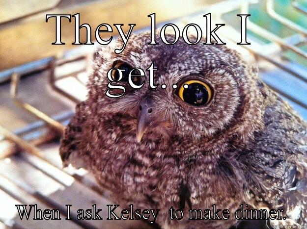 Work stuff  - THEY LOOK I GET... WHEN I ASK KELSEY  TO MAKE DINNER. Skeptical Owl