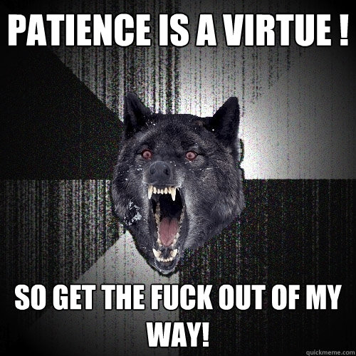 patience is a virtue ! so get the fuck out of my way!  Insanity Wolf