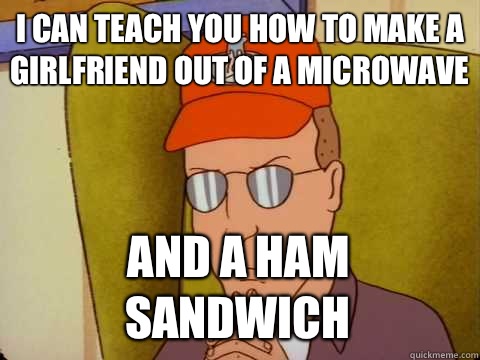 I can teach you how to make a girlfriend out of a microwave and a ham sandwich  Dale Gribble