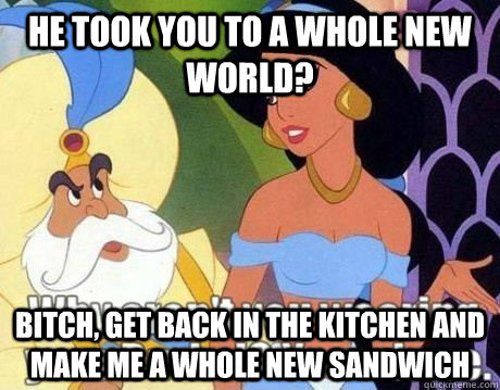 he took you to a whole new world? Bitch, get back in the kitchen and make me a whole new sandwich   