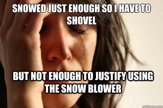 Snowed just enough so I have to shovel  but not enough to justify using the snow blower   First World Problems