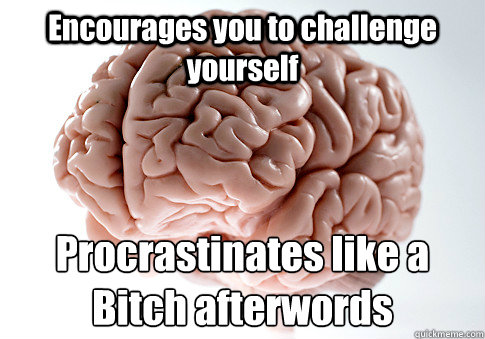 Encourages you to challenge yourself  Procrastinates like a Bitch afterwords  Scumbag Brain