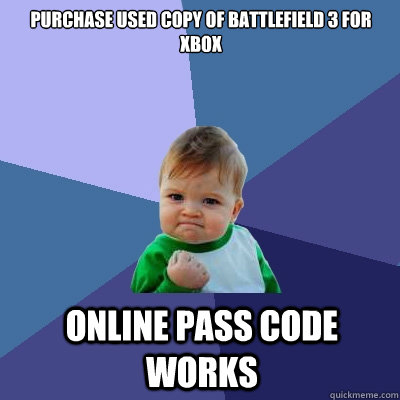 purchase used copy of battlefield 3 for xbox online pass code works  Success Kid