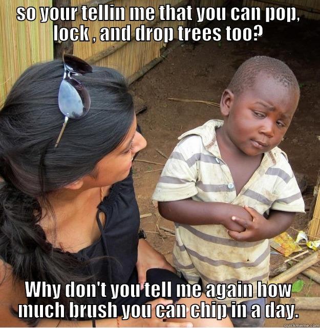 Heads up timber - SO YOUR TELLIN ME THAT YOU CAN POP, LOCK , AND DROP TREES TOO? WHY DON'T YOU TELL ME AGAIN HOW MUCH BRUSH YOU CAN CHIP IN A DAY. Skeptical Third World Kid