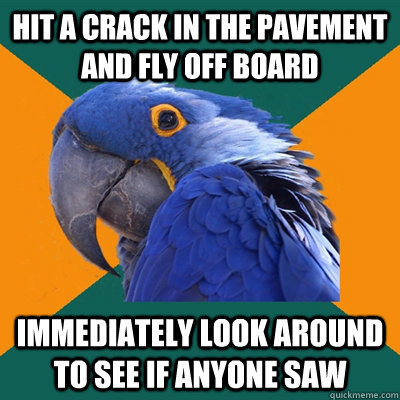 Hit a crack in the pavement and fly off board immediately look around to see if anyone saw  Paranoid Parrot