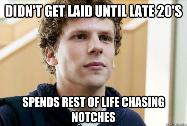 Didn't get laid until late 20's Spends rest of life chasing notches  