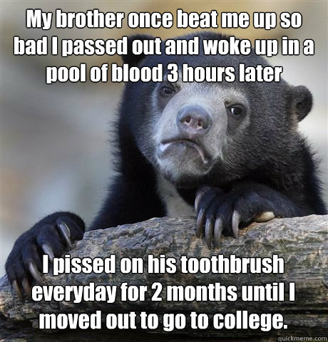 My brother once beat me up so bad I passed out and woke up in a pool of blood 3 hours later I pissed on his toothbrush everyday for 2 months until I moved out to go to college.  Confession Bear