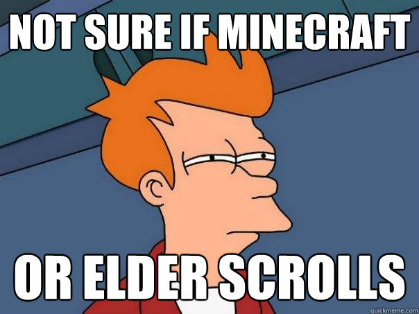 Not sure if minecraft Or elder scrolls  Futurama Fry