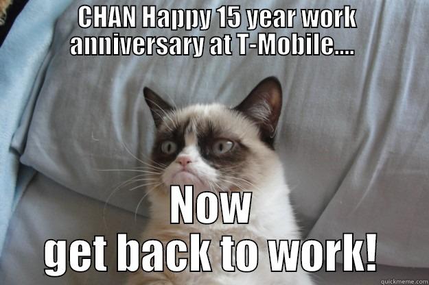   CHAN HAPPY 15 YEAR WORK ANNIVERSARY AT T-MOBILE.... NOW GET BACK TO WORK! Grumpy Cat