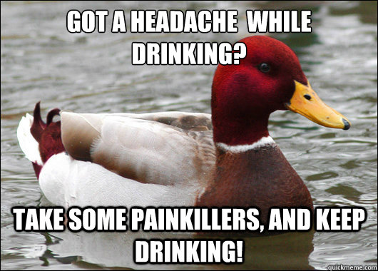 Got a headache  while drinking?
 Take some painkillers, and keep drinking!   Malicious Advice Mallard