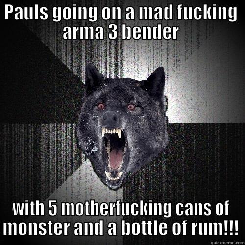 PAULS GOING ON A MAD FUCKING ARMA 3 BENDER WITH 5 MOTHERFUCKING CANS OF MONSTER AND A BOTTLE OF RUM!!! Insanity Wolf
