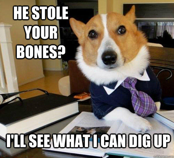 He stole your bones? I'll see what I can dig up  Lawyer Dog