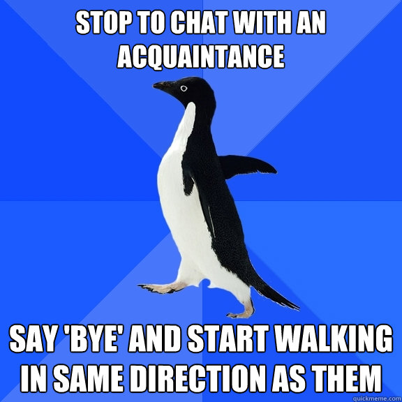 stop to chat with an acquaintance say 'bye' and start walking in same direction as them  Socially Awkward Penguin