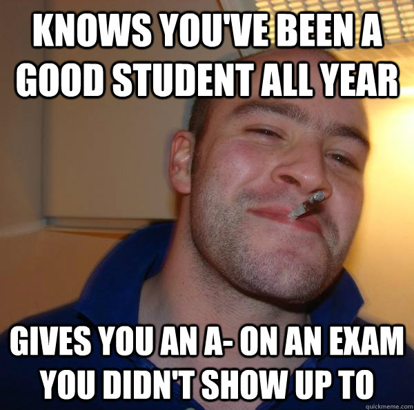 knows you've been a good student all year gives you an a- on an exam you didn't show up to - knows you've been a good student all year gives you an a- on an exam you didn't show up to  Misc