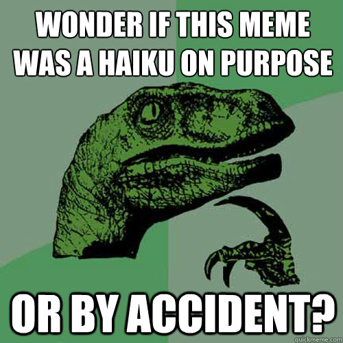 Wonder if this meme
was a Haiku on purpose Or by accident?  Philosoraptor
