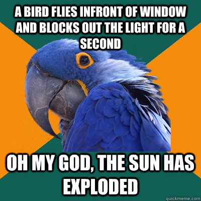 a bird flies infront of window and blocks out the light for a second Oh my god, the sun has exploded  Paranoid Parrot